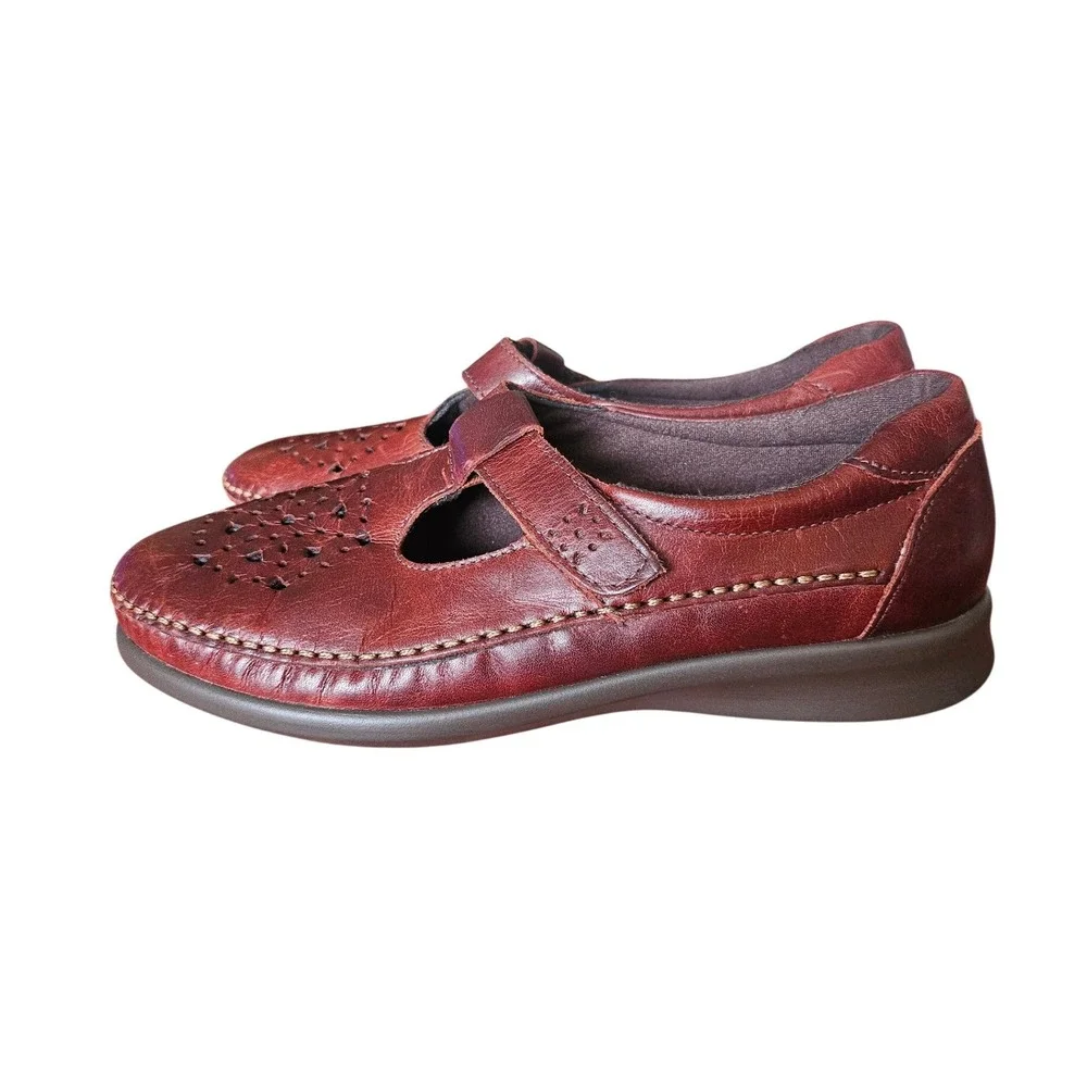 SAS Burgundy Leather T-Strap Mary Jane Comfort Shoes USA Womens 8 Narrow